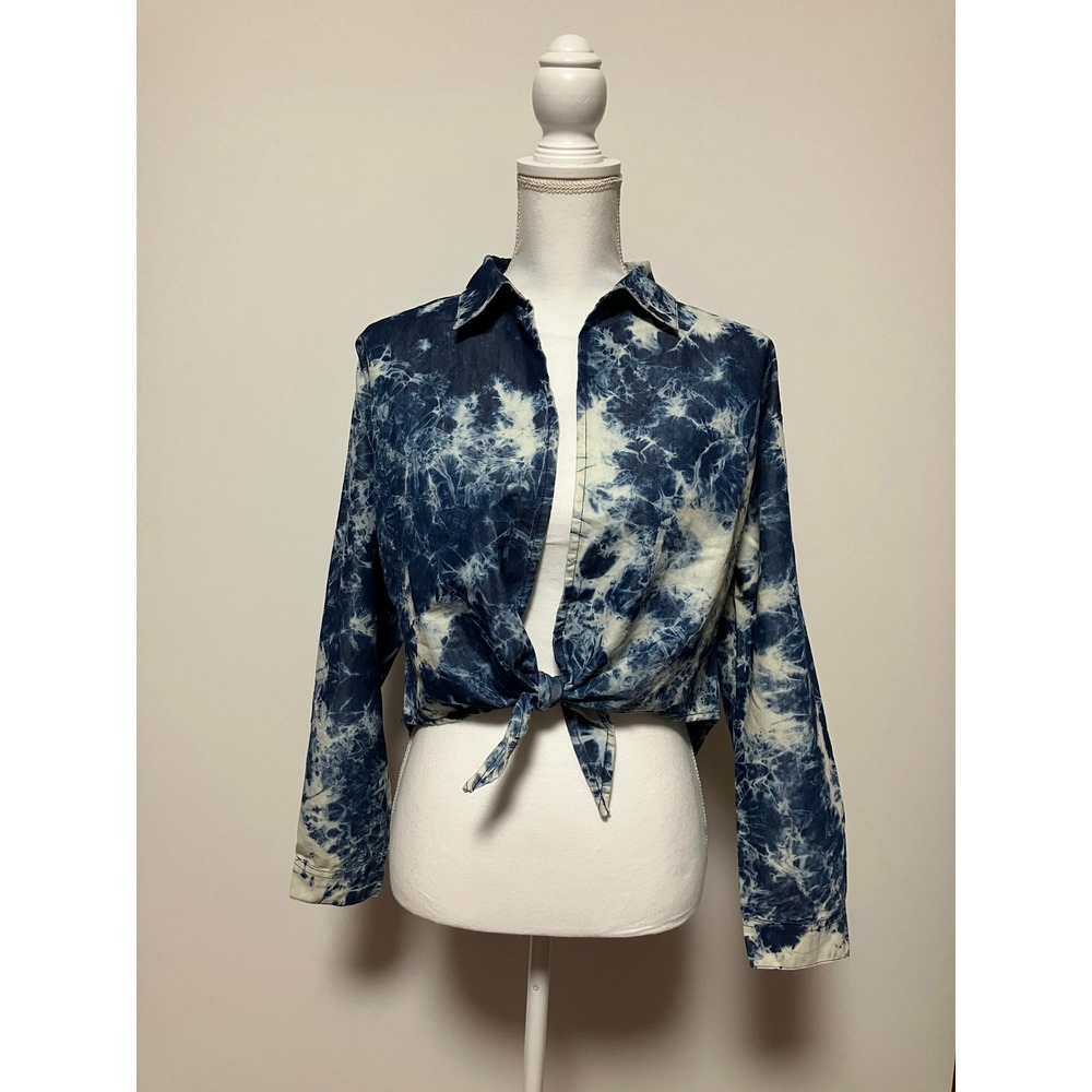 NWT Taxi Womens Tie Dye Front Tie Shirt XL Blue White Acid Wash Cotton 22520R